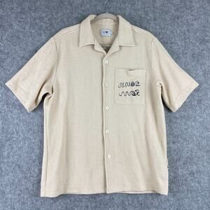 NN07 Julio Shirt Mens Medium Beige Knit Embroidered Short Sleeve Resort Coastal